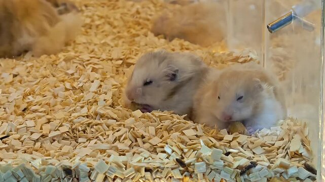Small, cute hamsters grooming inside plastic cages, Fluffy Furry Pet, Innocent Domesticated Mouse, Domestic Wildlife