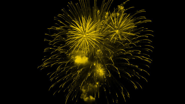 Bright Yellow Fireworks Brushes Set &ndash; Overlapping Spherical Bursts with Sparkling Tendrils on Black Background for Adobe Photoshop