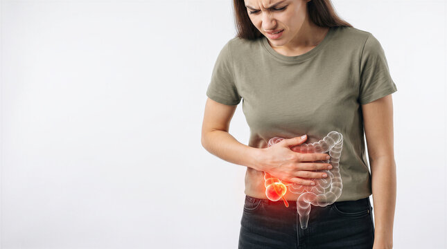 Young woman suffering from severe abdominal pain, highlighting the appendix area, isolated on white background