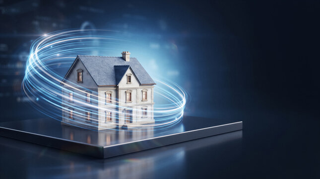 Smart home concept, digital house model surrounded by glowing light trails representing connectivity, data flow, and modern technology