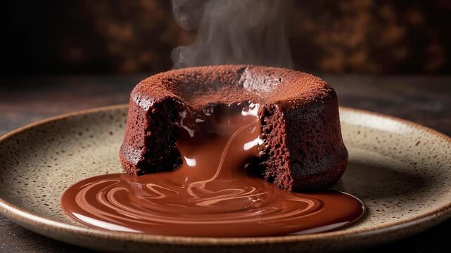 Hot molten chocolate lava cake melting on plate dessert sweet steam brown cocoa dessert sweet steam brown cocoa