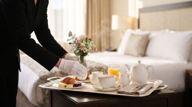 Hotel room service waiter serving a breakfast tray with coffee, orange juice, and a croissant in a luxury hotel room