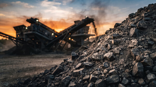 Industrial rock crushing plant at sunset with a large pile of crushed stones in the foreground at a quarry site