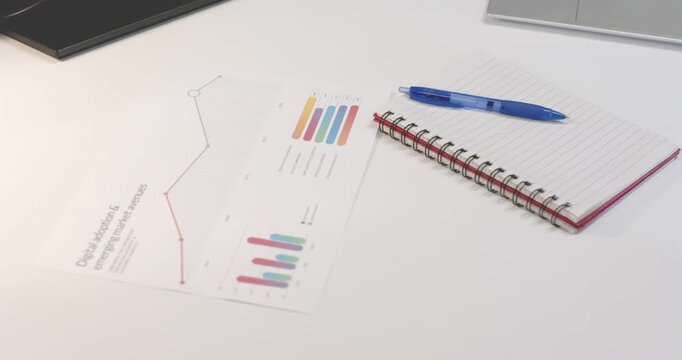 Camera is rotating clockwise and moving closer, centering notebook and revealing colorful bar chart
