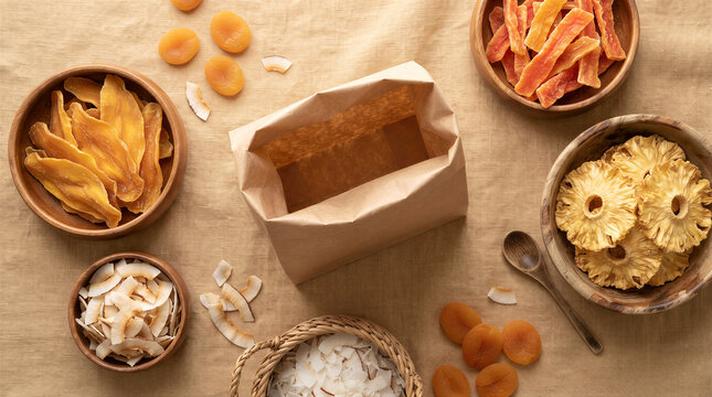 Top view of various dried fruits in wooden bowls and a paper bag on a linen tablecloth