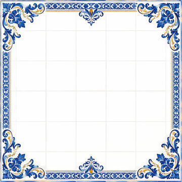 Portuguese azulejo ceramic tile square background with blue and gold ornamental border