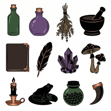 Witchcraft aesthetic clip art set, mystical alchemy icons with potion bottles and crystals, dark magic occult symbols for halloween
