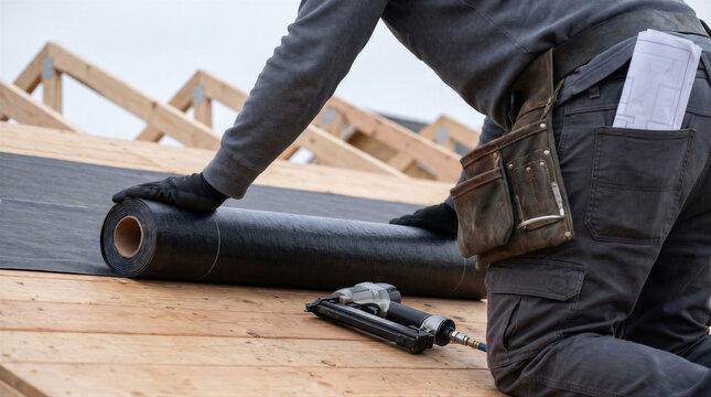 Construction worker installing roofing felt underlayment on a wooden roof deck with a pneumatic nail gun at a residential building site