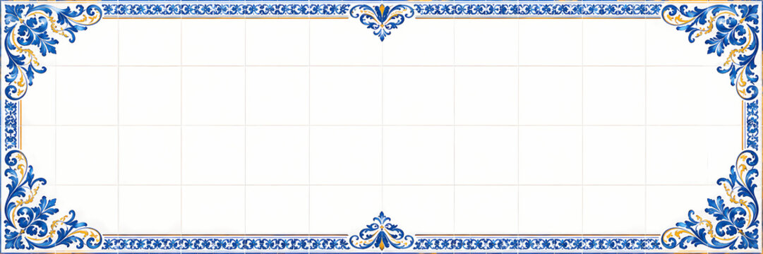 Portuguese azulejo ceramic tile background with blue and gold ornamental floral border Ultrawide Ultra wide
