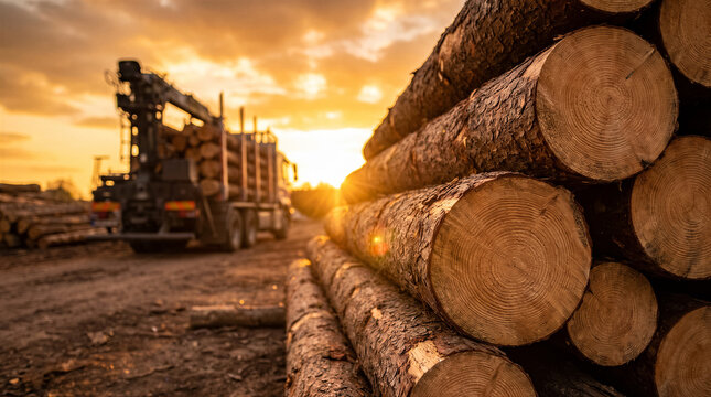 Logging truck parked in a forest clearing at sunset with a large stack of freshly cut pine logs in the foreground