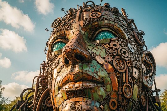 Giant steampunk head sculpture made from scrap metal and gears stands outdoors against a blue sky. Intricate metalwork forms a face with glowing blue eyes, pipes and mechanical details.