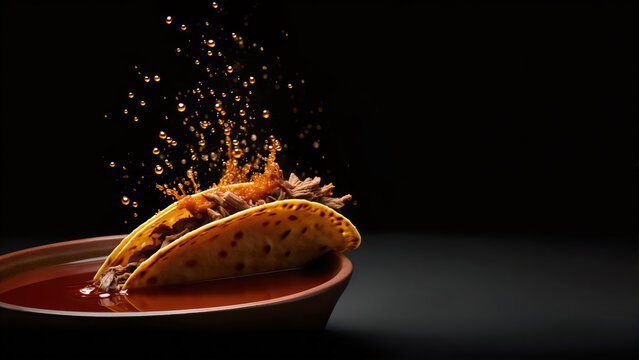 AI generated image of a crispy Mexican birria taco dipping into a bowl of red consomme broth with dramatic spice splash on a black background