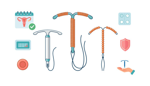 Intrauterine Device IUD Contraception Method Set with Copper and Hormonal T-Shaped Systems, Birth Control Pills, and Menstrual Calendar for Women's Health Vector Designs