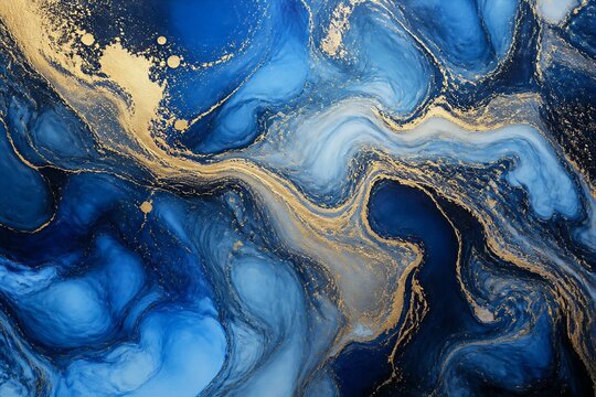 Blue and gold marble flowing patterns on abstract background