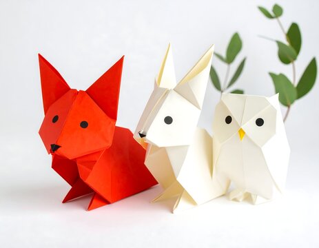 Three origami paper animals fox rabbit and owl on white background