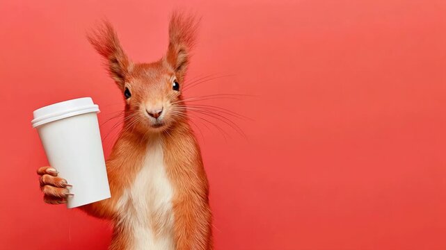 Static shot of squirrel holding takeaway coffee cup and posing against red studio backdrop with close framing