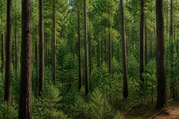 Fototapeta premium Pine trees standing with dense undergrowth in forest