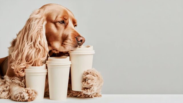 Panning shot of cocker spaniel holding disposable coffee cups on tabletop in studio with neutral background and soft lighting