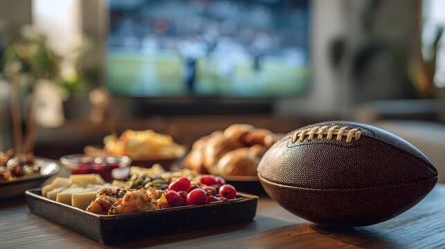 American football and snacks on table watching game on TV