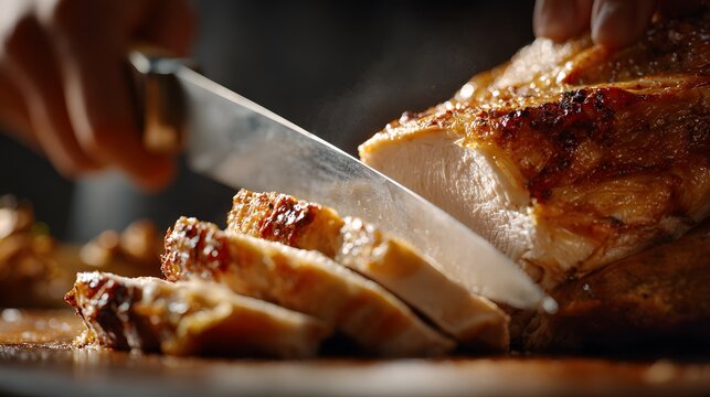Close-up of a knife slicing into a golden-brown roasted turkey breast