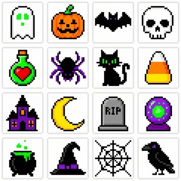Pixel art Halloween icon set, 16 retro 8-bit spooky gaming elements, orange pumpkin and black cat sprites for web design