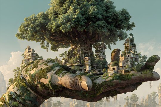 close up of a giant mossy hand holding a tree city above a cloudscape