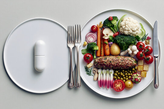 Conceptual image of a single white nutrition pill beside a full elaborate meal, both equal in sustenance, minimal composition, future of food metaphor