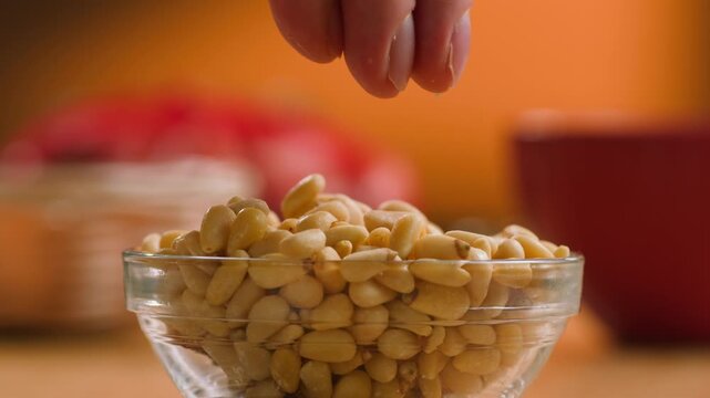 Pine Nuts Eaten by a Man, Person Cracking and Enjoying Fresh Cedar Pine Nuts as a Healthy Organic Snack