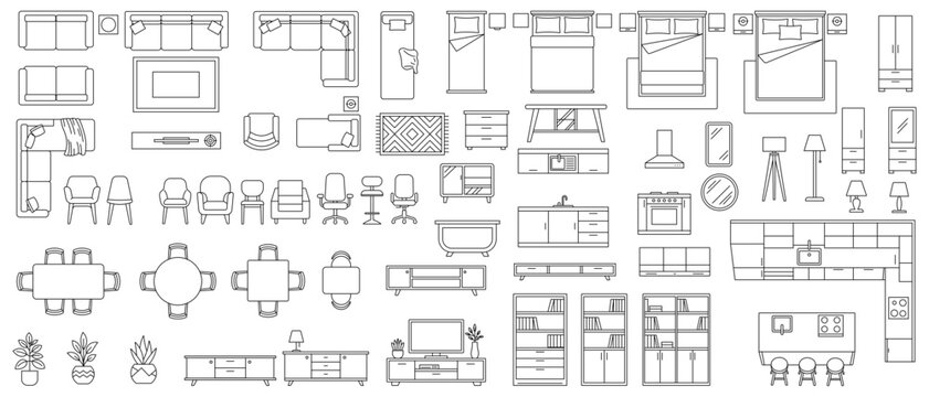Architectural furniture plan symbol set top view and front view line icon vector illustration interior design