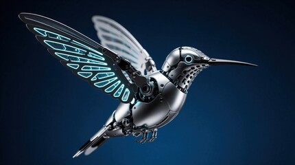 Fototapeta premium Silver robotic hummingbird flies in mid air. Mechanical bird with metal wings, blue glowing tech lights. Cybernetic avian creature with steel body, futuristic design glides against dark blue
