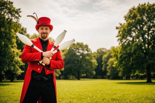 Man in red tailcoat and hat juggles white clubs in grassy park. Bearded performer wears black vest and bow tie, holding props for outdoor show.