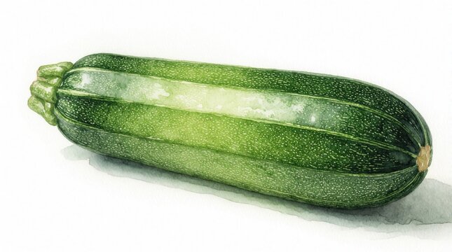 Watercolor painting shows fresh green zucchini squash vegetable with smooth texture and vibrant colors. Realistic botanical illustration on white background for culinary use.