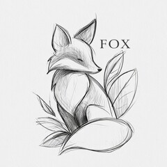 Naklejka premium A hand-drawn sketch shows a fox resting among leaf scribbles. This artwork captures a simple and charming scene.