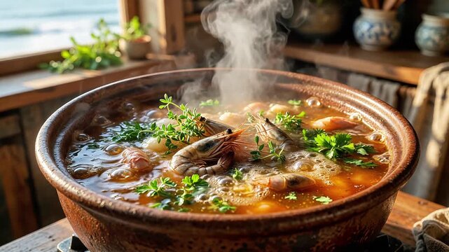 Hot steaming seafood stew in rustic clay pot soup shrimp steam cooking dinner soup shrimp steam cooking dinner
