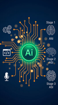 Artificial intelligence stages visualized with circuit board and brain icons, representing ANI, AGI, and ASI, symbolizing technological evolution and cognitive development
