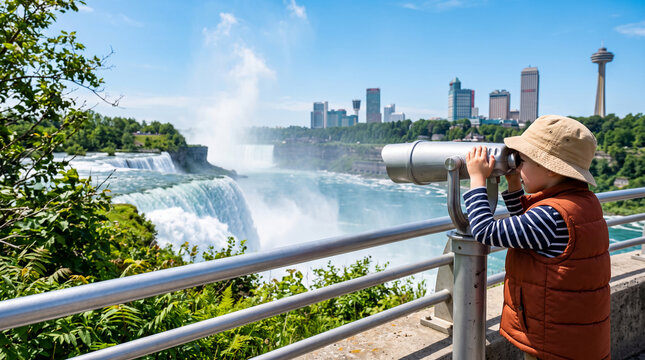 Child using a viewing scope to observe powerful waterfalls, symbolizing discovery, wonder, and the grandness of nature, perfect for travel and exploration themes