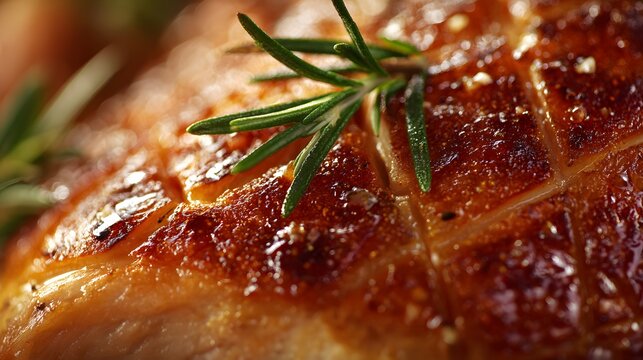 Macro close-up of perfectly roasted turkey skin with rosemary and herbs