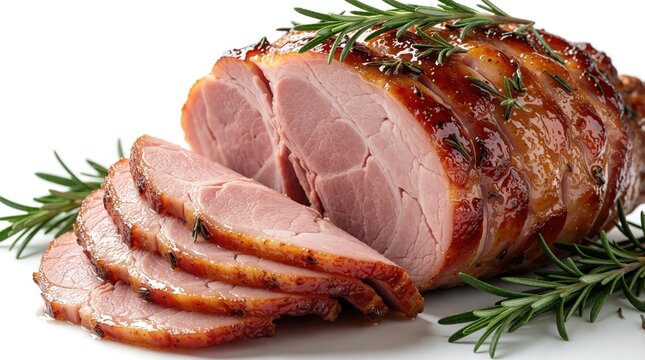 Whole glazed ham sliced with fresh rosemary sprigs. Pork meat roasted with sticky sweet glaze, showing pink juicy interior. Savoury dish prepared for holiday meal.