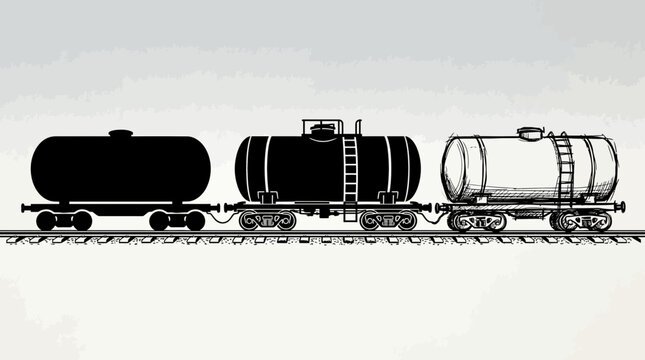 Industrial freight train tank cars in line on railway track vector illustration of fuel and liquid transport wagons