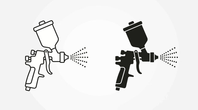 Black and white spray gun icons showing paint sprayer tool with spraying mist on light background