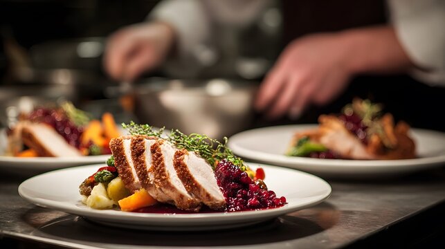 Professional chef plating an elevated Thanksgiving turkey dinner with cranberry sauce