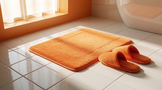 Orange bath mat, soft slippers on white tiled floor in modern bathroom. Bright sunlight shines through window on cozy home interior. Textile accessories for hygiene, comfort in hotel spa apartment.