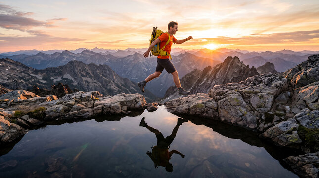 Man jumping across rocks over water at sunset, symbolizing adventure, freedom, and the thrill of exploration, inspiring activity and nature.
