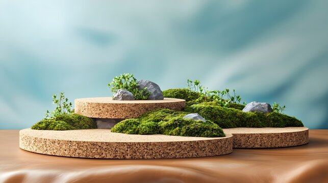 3d render of cork organic prop staging surface with moss wood and stone used as a product mockup...