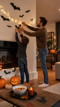 Father and son decorating living room for halloween