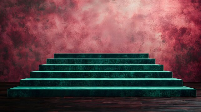 3d render of deep emerald velvet layered terraced steps platform used as a product mockup...