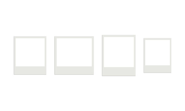 Group of four white instant photo frames in a row on transparent background, mockups for photography.