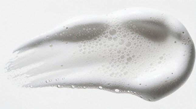 White cosmetic foam smear with many tiny bubbles. Creamy lather texture abstract on plain background, light airy soft surface. Clean wet liquid substance abstract.