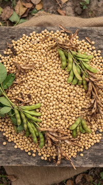 Pile of yellow soybeans with green pods and dry husks on a rough wooden surface, representing agriculture, harvest, and healthy food