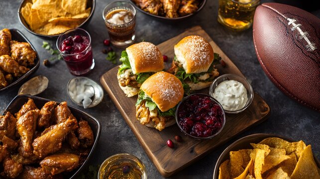 Thanksgiving football viewing party food spread with turkey sliders and chicken wings